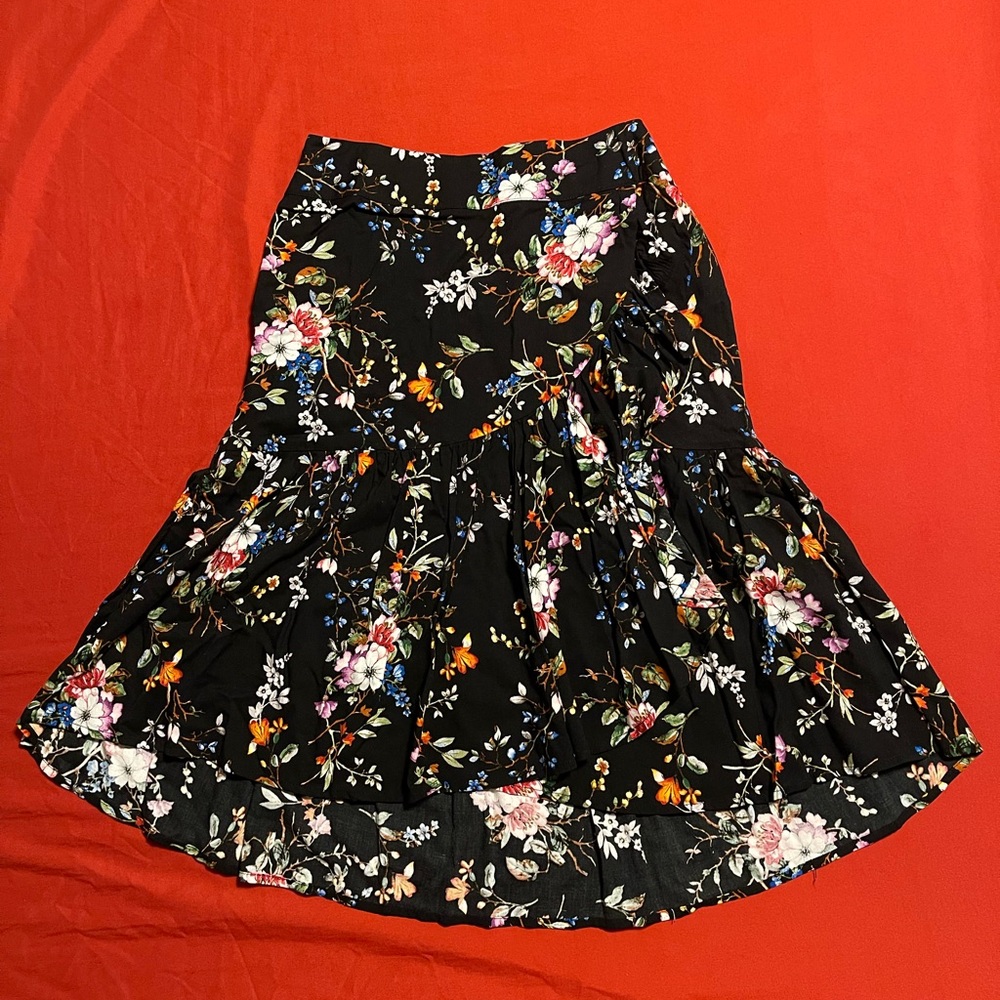 Floral Print a new day Black Skirt with Ruffles trimming